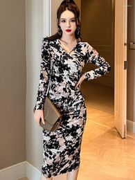 Casual Dresses Spring Autumn Elegant Women Evening Dress Velvet Vintage Print V-Neck Bodycon Midi Party Prom Stretchy Mujer Robe Femme