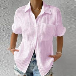 Women's Blouses Summer Lapel Cardigan Tee Commute Short Sleeve Cotton Linen Shirt For Women 2023 Fashion Solid Pockets Design Slim Blouse