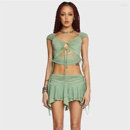 Women's Tanks Gaono Women Y2k Grunge See Through Sheer Mesh Skirt Set Fairycore Ruffle Trim Slim Fit 2 Piece Aesthetic Clothes