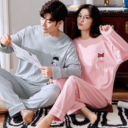 Women's Sleepwear Couple Autumn Winter Cotton Long Sleeve Pajamas Set Kawaii Cartoon Korean Sweet Women Warm O-Neck Pink Homewear