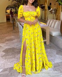 Ethnic Clothing Women's Yellow Floral Split Dress Long Maxi Loose Short Sleeve High Waist Sexy Fashion Summer Party Evening