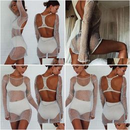 Basic Casual Dresses Women Sexy Bodycon Mesh Top Sheer Mini Dress High Quality Robe Femme Elbise Drop Delivery Apparel Womens Cloth Dhf7Y