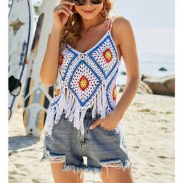 Women's Tanks Summer Knitted Beach Dress Women Crochet Beachwear Vest Sleeveless V Neck Pattern Print Tassel Tank Tops Ladies Crop Boho