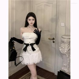 Casual Dresses Sweet Girl Retro Sexy Dress Women's Bow Strapless Slim Fit Lace Splice Short White Fashion Elegant Female Clothes