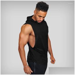 Men'S Tank Tops Mens Fashion Cotton Sleeveless Shirts Gym Hooded Top Men Fitness Vest Solid Bodybuilding Singlets Workout Tanktop Dr Dhr59