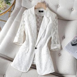 Women's Suits White Lace Blazer Women's 2023 Elegant Hollow Out Thin Sun Protection Summer Office Set Coat Slim Fit Top Women