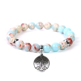 Shoushan stone bracelet Stainless steel tree of life charm elastic gemstone bead bracelet