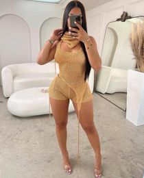 Women's Tracksuits Sexy Sequined Knit Rib Two Piece Set Women Summer 2023 Lounge Wear Lace Up Crop Top Shorts Club Outfits Streetwear