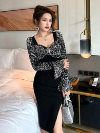 Casual Dresses Spring Autumn Fashion Women Evening Dress Chic Black Sparkly Sequin Sexy Square Collar Slim Midi Party Club Prom Mujer