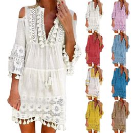 New Bohemian Cotton Lace Crochet Dress Women Summer Hollow Out Short Sleeve Solid Loose Party Dress Lace Tassel Beach Boho