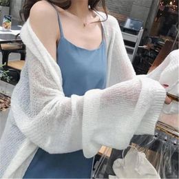 Women's Knits 2023 Korean Style Casual Loose V Neck Long Sleeve See-Through Mohair Cardigan Women Summer Knitting Knitwear Fall Top