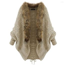 Women's Jackets Women Winter Coat Knitwear Autumn Khaki Faux Fur Neck Knitted Cardigans Female Long Sleeves Loose Sweater Shirt