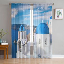 Curtain Greece Santorini Blue Roof Church Tulle Sheer Window Curtains For Living Room Kitchen Children Bedroom Voile Hanging