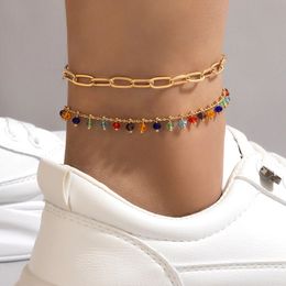 2023 Trendy Summer Beach Colorful Rice Beads Double Layer Anklet Geometric Chain Multilayer Barefoot Anklet Bracelet Women Jewelry