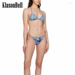 Women's Tracksuits 4.23 KlasonBell Fashion Sexy Triangle Bikinis Denim Print Set Under Bra Tank Top Bandage Briefs Beach Swimwears Women