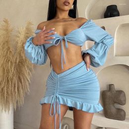 Work Dresses Sexy Bra Tight Ruched Skirt Sets Summer Spring Long Lantern Sleeve Crop Top Drawstring Ruffled Short Skirts 2 Piece Club