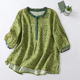 Women's T Shirts Summer Women Floral Pattern Vintage Green 3/4 Sleeve Cotton Linen Top Shirt Woman Casual XXl Loose Tops
