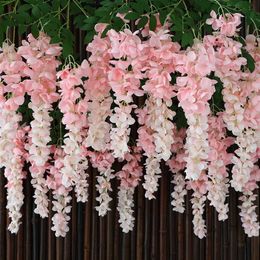 Dried Flowers 6pcs White Wisteria Artificial Silk Long Branch Wedding Home Backdrop Decoration Wall Hang Garland Wreath Table Arrange