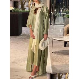 Ethnic Clothing Morocco Caftan Muslim Abaya Women Dress 2 Piece Set Abayas Gowns Dubai Arabic Silk Satin Kimono Cardigan Robe Outwea Dhozq