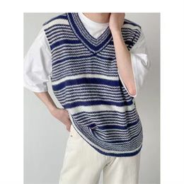 Men's Sweaters Winter Loose V neck Wool Sweater Vest Striped Printing Pullover Fashion Trend Sleeveless Knitting Blue black Coats 230615