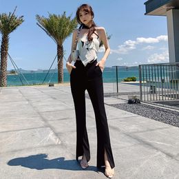 Women's Two Piece Pants Women Vintage Streetwear Sexy Halter Sleeveless Print Short Tops Shirt Blouse Casual High Waist Flare Femal 2 Pieces