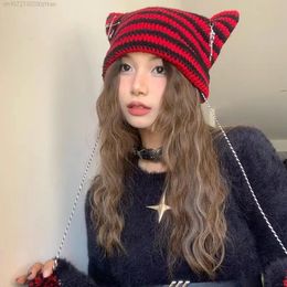 Beanie/Skull Caps Unisex Harajuku Punk Gothic Knitted Cat Ear Hat Little Devil Y2K Kawaii Millinery Soft Knit Hat Female Girls Accessories 230614