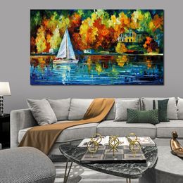 Contemporary Abstract Canvas Art House of The Lake Cityscape Oil Painting Handmade Modern Pub Bar Decor