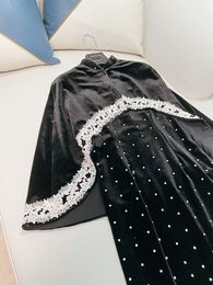 2023 Autumn Black Hot Drilling Beaded Shawl Cheongsam Dress Short Sleeve Stand Collar Panelled Tulle Midi Casual Dresses J3L127148