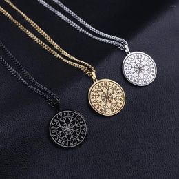 Pendant Necklaces Viking Compass Rune Stave Amulet Round Stainless Steel Laser Marking Necklace