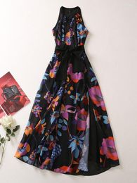 Casual Dresses Red RoosaRosee O-neck Collar Off The Shoulder Sleeveless Floral Print Lace-up Black Dress 2023 Summer Women Vestidos Robe