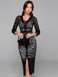 Casual Dresses Fashion Women Black Lace Perspective Elegant Formal Dress Arrival Sexy Work Style Slim High Quality Spring Pencil