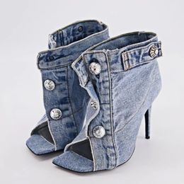 2023 Summer Brand New Pocket Design Fashion Denim High Heel Sandals Popular Charming Woman Shoes Comfort Slippers Big Size 43