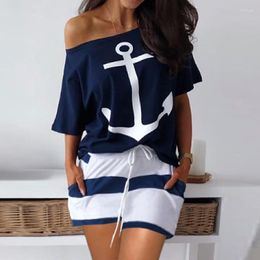 Women's Tracksuits 2023 Summer Boat Anchor Print Casual T-Shirts Shorts Women Suits Fashion Loose Outfits Off Shoulder Homewear Two Piece