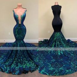 Sequin Green Sparkly Long Prom Dresses Sleeveless African Black Girls Mermaid Formal Evening Gala Gowns Custom C0417