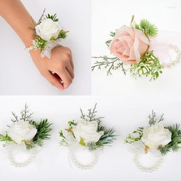 Decorative Flowers 1PC Wedding Boutonniere Rose Pearl Breast Flower Wrist Bracelet For Bridesmaid Corsage Sisters