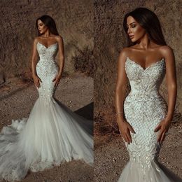 Glamorous Mermaid Wedding Dresses Sweetheart Designer Lace Applicants Beads Tulle Court Gown Custom Custom Made Plus Size Bridal Gown Vestidos De Novia