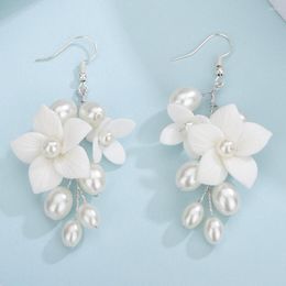 Dangle Earrings Trendy 3 Colours Bride Pearl For Women Jewellery Sets Rose Gold Silver White Ceramic Flower Wedding Bridal Headwear