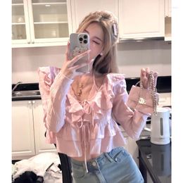 Women's Blouses HOUZHOU Pink Lace Shirts Women Y2k Long Sleeve Korean Fashion Beautiful White Cropped Blouse Aesthetic Chic Streetwear