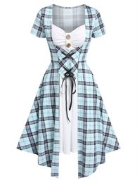 Basic Casual Dresses Plaid 2 In 1 Dresses Short Sleeve Robe Plaid Print Faux Twinset Lace Up Vestido Feminino Vacation Party Streetwear 230615