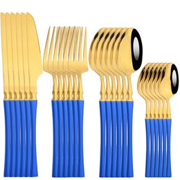 Dinnerware Sets 24 Blue Gold Cutlery Set Mirror Stainless Steel Cutlery Set Knife Fork Teaspoon Dinnerware Western Kitchen Dinner Cuisine 230614