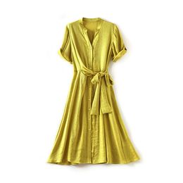 2023 Summer Yellow Solid Color Dress Short Sleeve Round Neck SequinsMidi Casual Dresses W3L040301