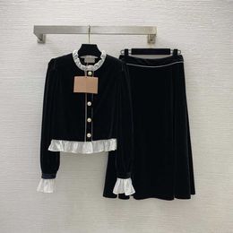 23ss skirt set women designer clothes ruffle panel long sleeve round neck short long sleeve top with high waist long skirt suit High quality Women clothes