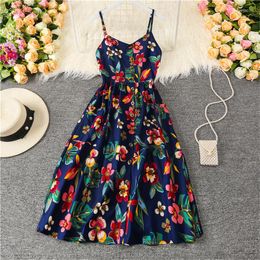 Casual Dresses Summer Sling Dress 2023 Cotton Silk Single Breasted High Waist Floral