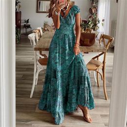 Basic Casual Dresses Summer Vintage Long Dresses Women Bohemian Elegant Floral Print V Neck Robe Beach Holiday Casual Big Swing Maxi Dresses 230614