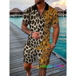 Men's Tracksuits Luxury Polo Shirt Two Piece Set 3D Leopard Print Summer Zipper Short Sleeve Shorts Tracksuits Fashion Sportswear Mens Clothing 230615