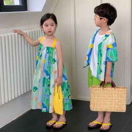 Family Matching Outfits 2-11Y Children's Clothes Brother and Sister Green Clothes Summer Korean Fashion Ink and Wash Girl's Dress or Boy's Shirt 230614