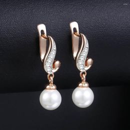 Stud Earrings For Women Elegant White Simulated Pearl 585 Rose Gold Color Cubic Zirconia CZ HGE143