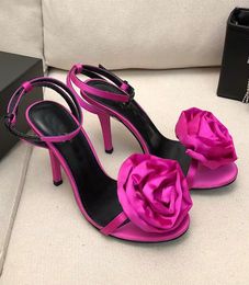 Summer Luxury Cassandra Sandals Shoes Flower Satin Women Leather Lady Opyum Gladiator Sandalias Party Wedding Stiletto heel Black Rose Green