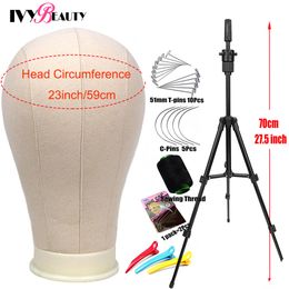 Wig Stand 21-24 inch Training Mannequin Wig Head Canvas Block Head With Stand T Pin Needles With Adjustable Tripod Stand For Wigs Making 230614