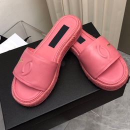 23ss Womens Platform Heels Slippers Hemp Rope Sandals Designer Slip On Lambskin Slides Ladies Classic Pink Fuchsia Mules Outdoor Beach Shoe Flip Flops Casual Shoe